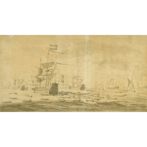 A Dutch Flagship at Anchor attended by Small Boats, the Fleet seen Beyond